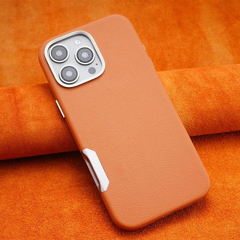 Metal Lens Protective MagSafe Phone Case For iPhone 16 Pro 16pro max 16plus Simple Solid Color Leather Wireless Charging Cover