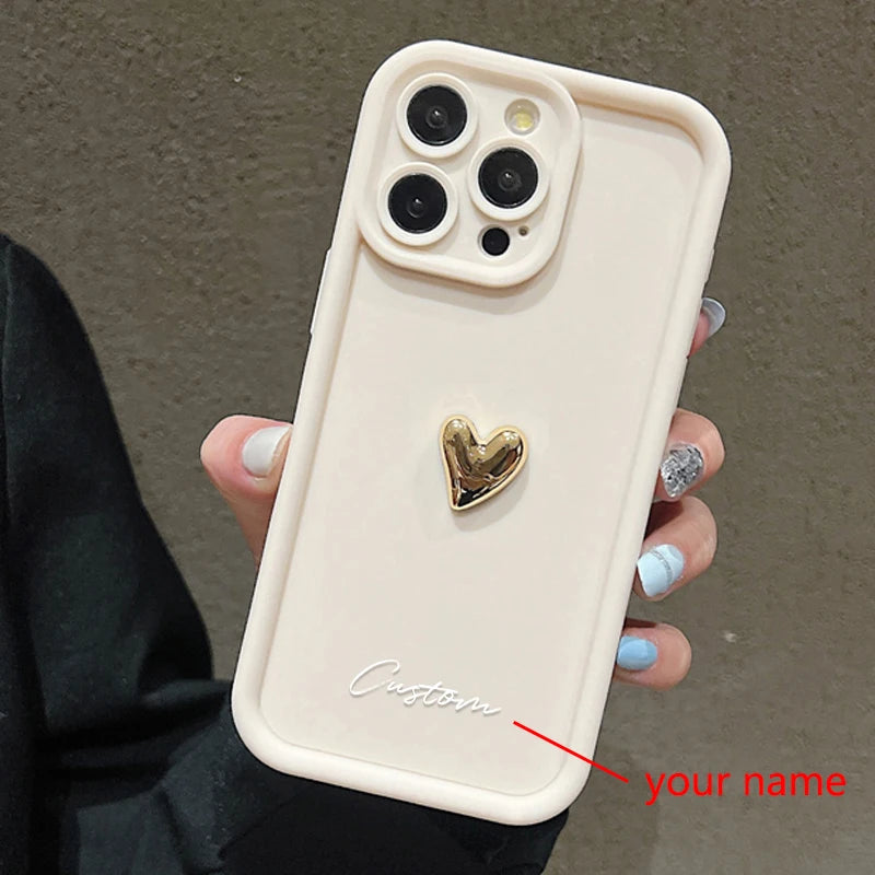 3D Gold Love Heart Personalized Custom Name Case For iPhone 16 15 14 13 12 11 Pro Max X XS XR 7 8 Plus Silicone Candy DIY Cover Caseverse