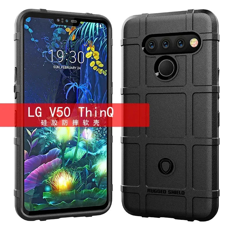 A black rugged shield shockproof case for an LG V50 ThinQ phone.