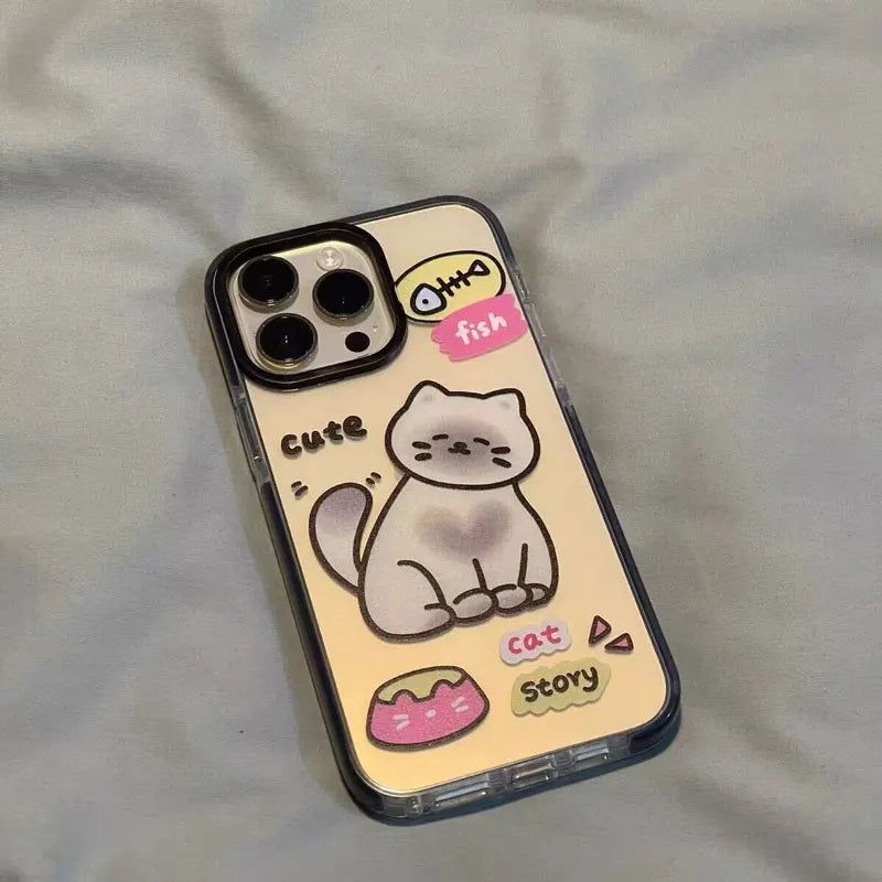 Fish Bone Lovely Little Cat Pattern Phone Case For iPhone 16 15 14 13 12 11 Pro Max XR XS 7 8 Plus Transparent Shockproof Cover - Caseverse