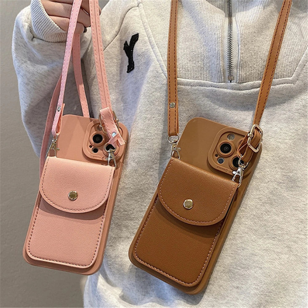 Wallet Leather Crossbody Neckband Lanyard Phone Case for iPhone 15 14 11 12 13 Pro Max X XS XR 7 8 Plus Luxury Card Holder Cover - Caseverse