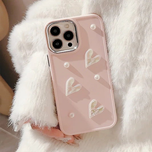 Ins Cute 3D Pearl Love Heart Phone Case For iPhone 16 15 14 13 12 11 Pro Max X XS XR 8 7 Plus SE 2022 Soft Silicone Bumper Cover - Caseverse