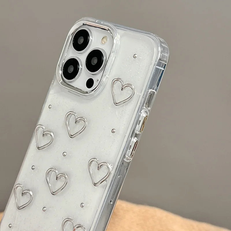 Cute Metal Love Heart Epoxy Glitter Phone Case For iPhone 16 15 14 13 12 11 Pro Max Plus Bling Clear Shockproof Soft Cover Caseverse