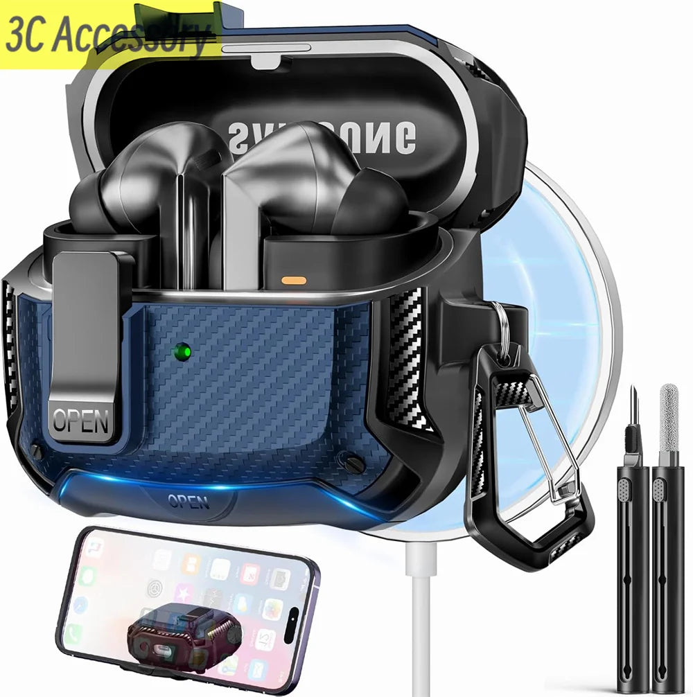 2025 New Phone Stand Case For Samsung Galaxy Buds 3 Pro Case With Secure Lock Clip & Cleaning kit Carbon Fiber Cover For Buds 3