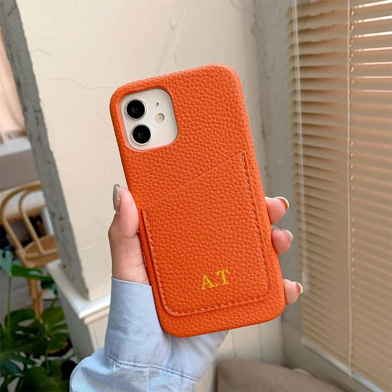 Personalized Phone Case with Card Holder Custom Initials Protective Cover iPhone16Promax 11 12 13 14 15Pro Max XS XR Mini Caseverse