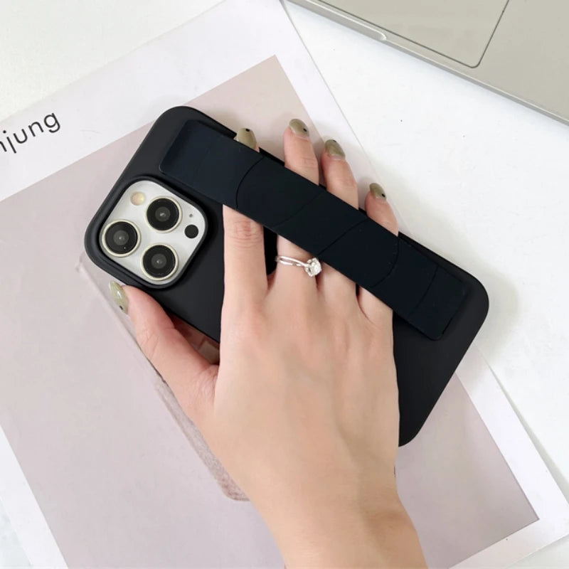 Luxury Solid Stretch Silicone Wrist Strap Case For iphone 11 12 13 14 15 Pro Max Plus UltraThin Matte Shockproof Hard Back Cover - Caseverse