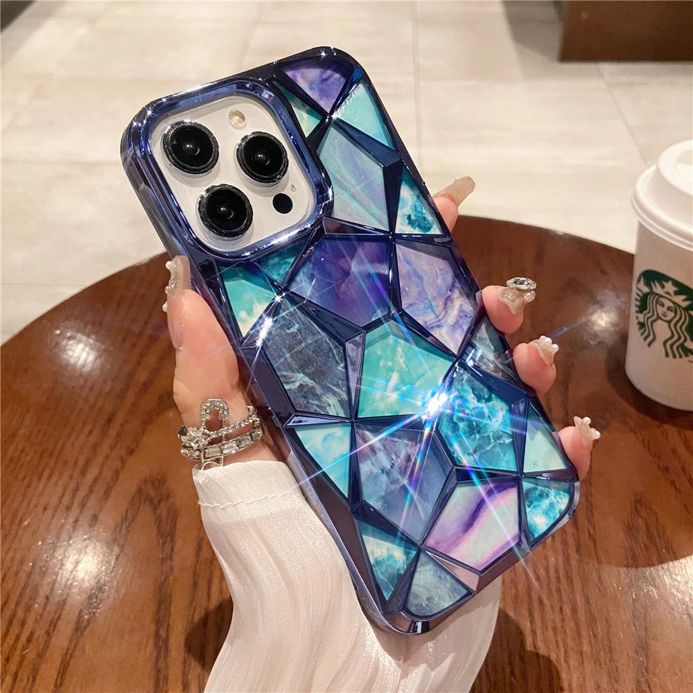 Plating Glitter Diamond Pattern Colorful Marble Phone Case For iPhone 15 13 11 12 14 Pro Max Soft Silicone Transparent Cover - Caseverse