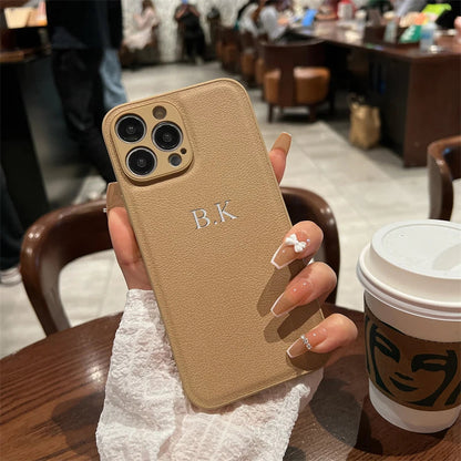 Personalized Case For iPhone 16 15 14 13 12 11 Pro Max Custom Name initials Leather Cover For iPhone 16 Pro Max Silver Letters Caseverse