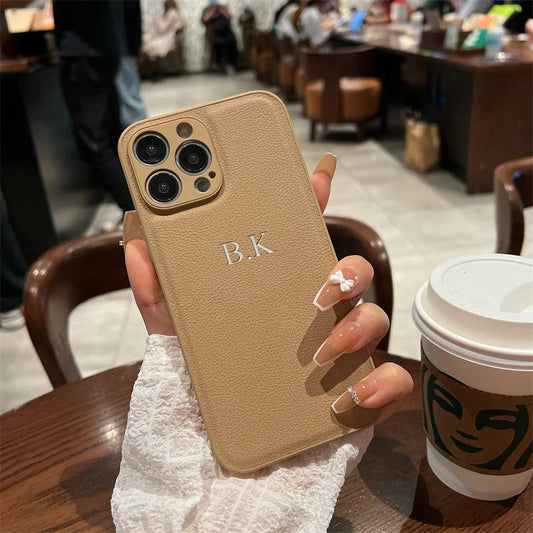 Personalized Case For iPhone 16 15 14 13 12 11 Pro Max Custom Name initials Leather Cover For iPhone 16 Pro Max Silver Letters Caseverse