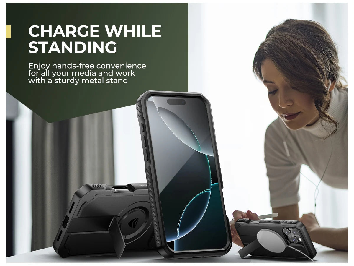 For iPhone 16 Pro Max Rugged Armor Shockproof Case with Built-in Sliding Camera Cover and Built-in Screen Protector Kickstand - Caseverse