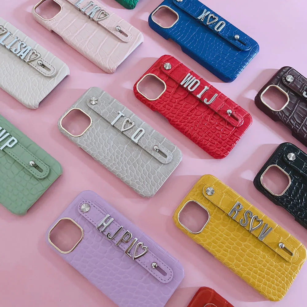 Luxury Custom Personalised Name Silver Metal Letter Charm Leather Phone Cases For Iphone 14 13 12 11 15 Pro Max 16 pro max Cover Caseverse