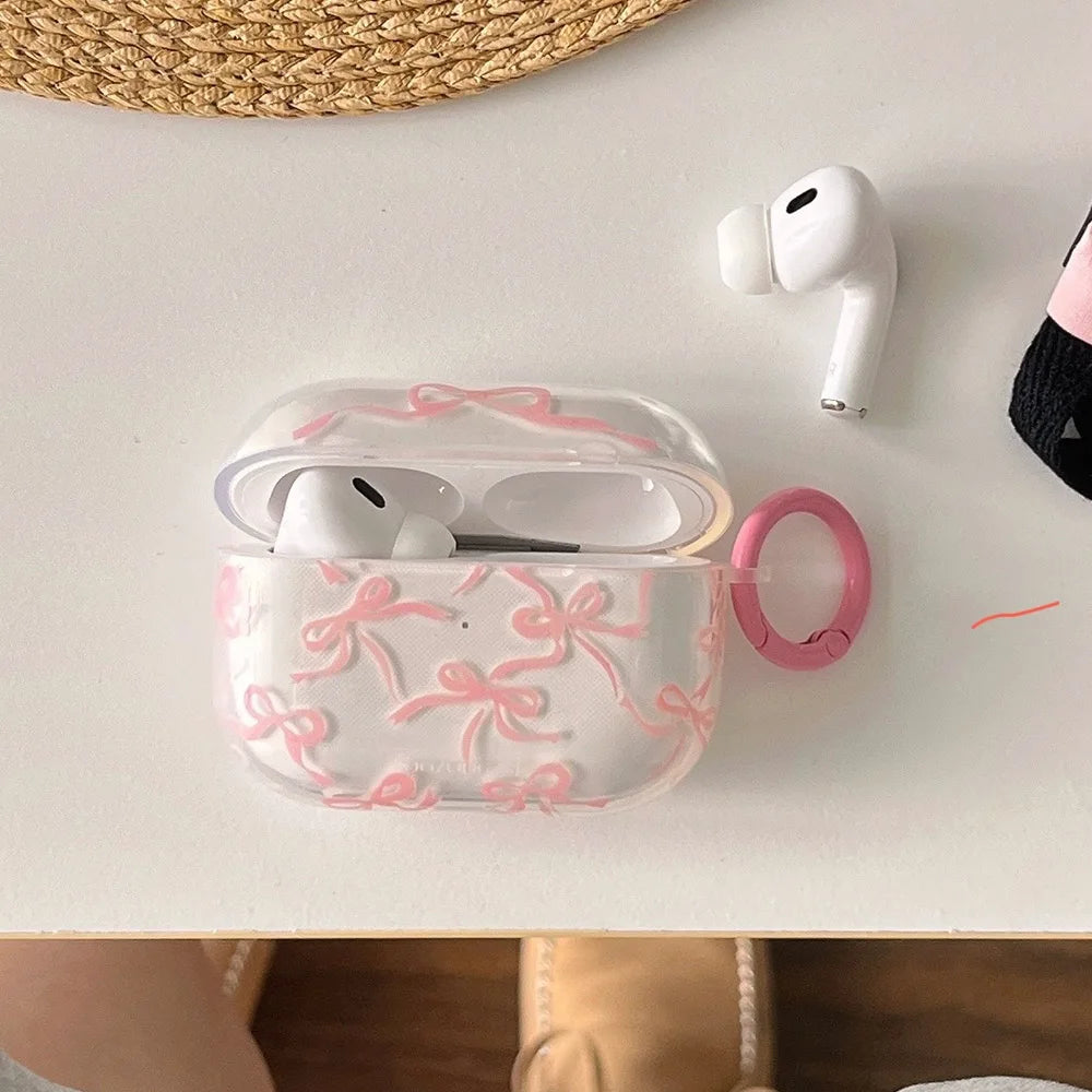 Pink Bow Knot Headset Case for AirPods 1/2 With Keychain for AirPods Pro2 4nd Charging Box Fundas for AirPods 3 Clear Shockproof