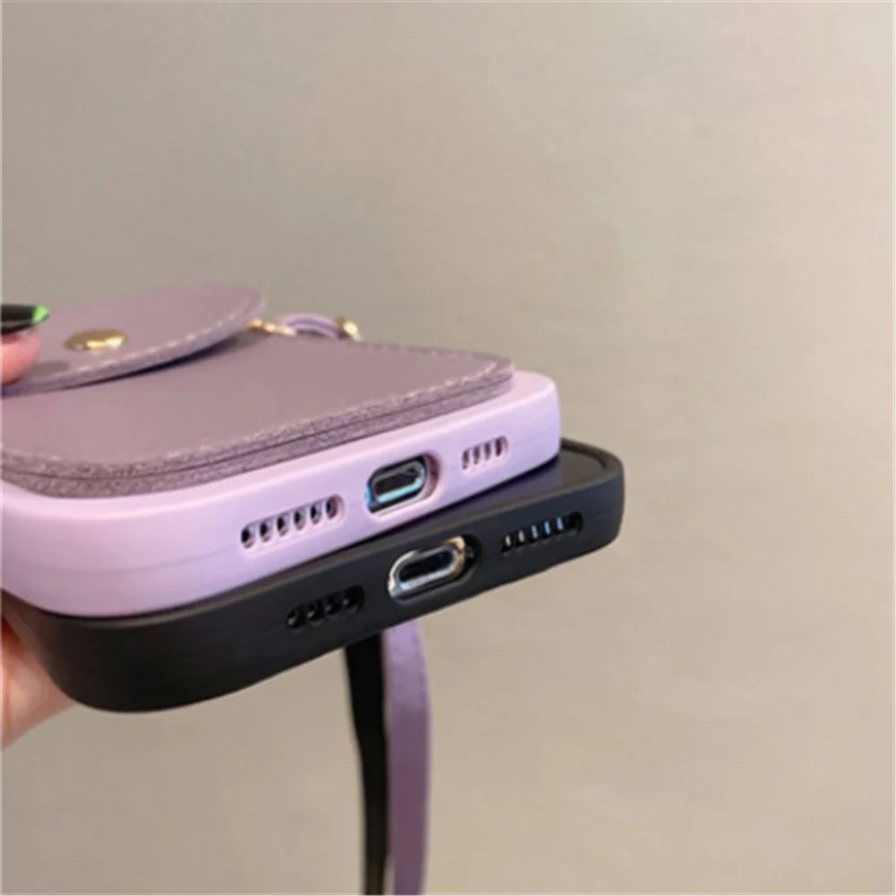 Wallet Leather Crossbody Neckband Lanyard Phone Case for iPhone 15 14 11 12 13 Pro Max X XS XR 7 8 Plus Luxury Card Holder Cover - Caseverse