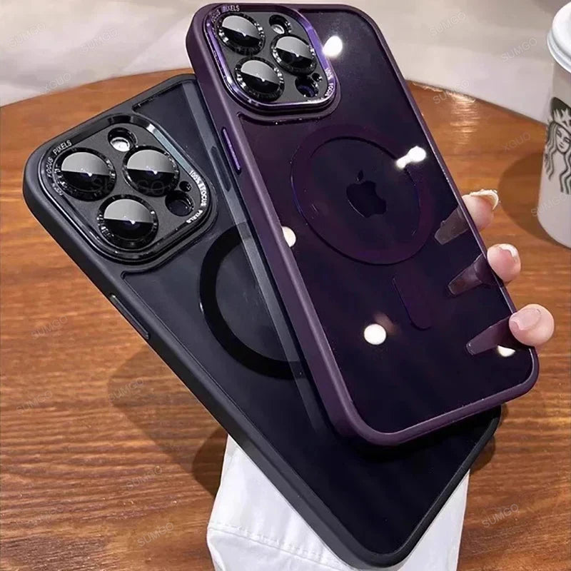 Luxury Magnetic Metal Lens Bumper Protection Case For iPhone 16 15 14 13 12 11 Pro Max Plus Magsafe Acrylic Translucency Cover Caseverse
