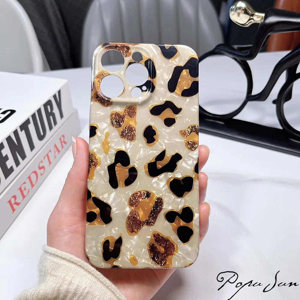 Vintage Glitter Leopard Print Phone Case For IPhone 16 15 13 12 11 Pro Max 14 Plus Dream Shell Leopard Marble Texture Hard Cover - Caseverse