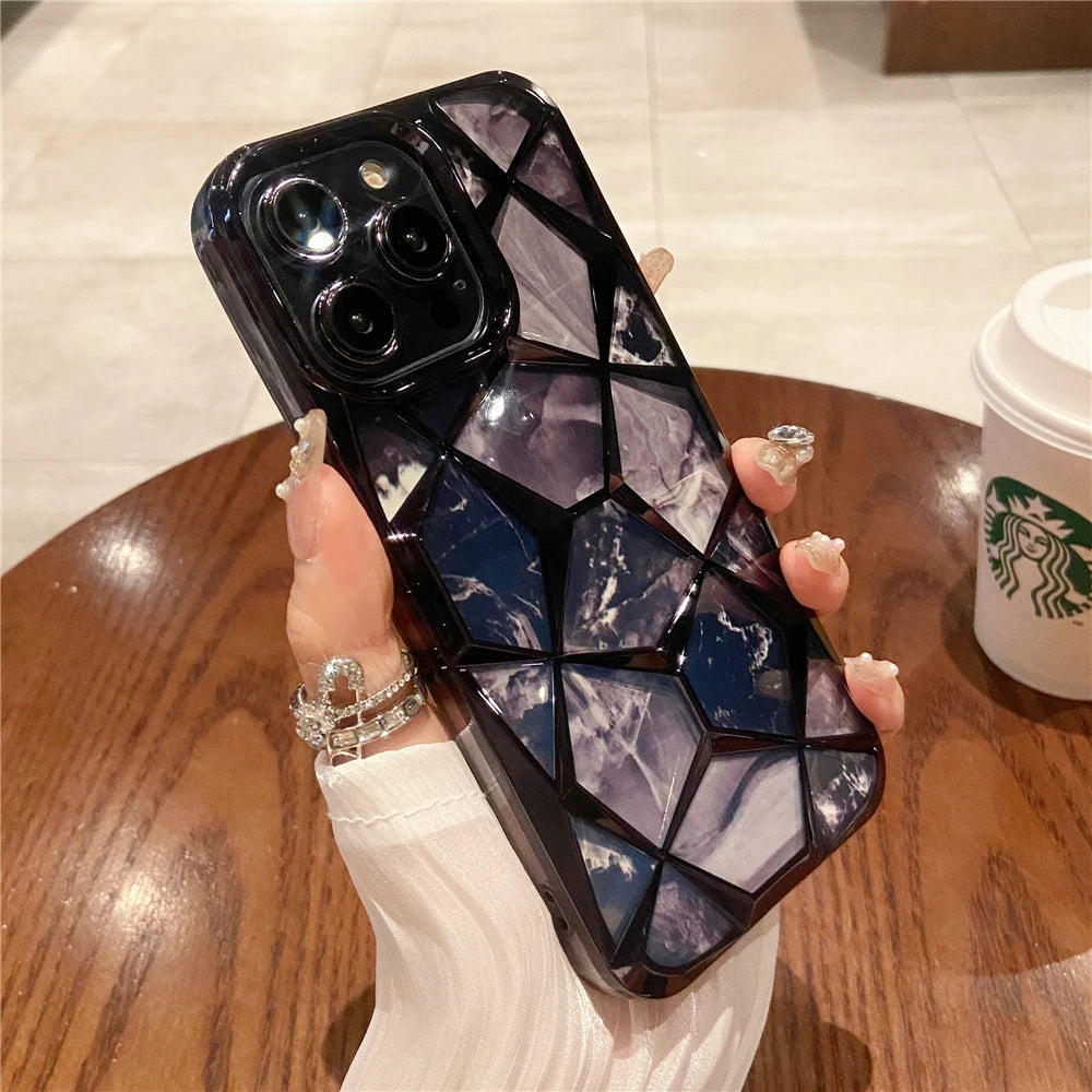 Plating Glitter Diamond Pattern Colorful Marble Phone Case For iPhone 15 13 11 12 14 Pro Max Soft Silicone Transparent Cover - Caseverse
