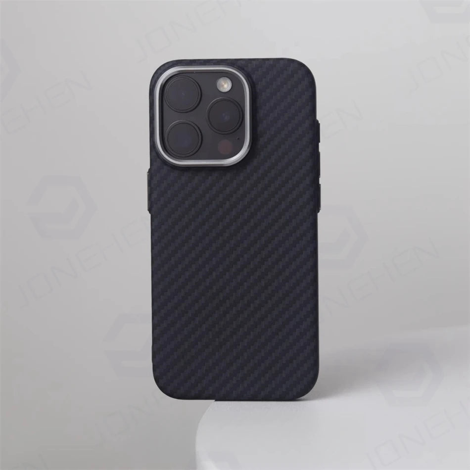 Luxury Alloy Lens 3D Relief Black Carbon Fibre Pattern Case For iPhone 13 14 15 16 Pro Max Slim Shockproof PC Cover For Magsafe Caseverse