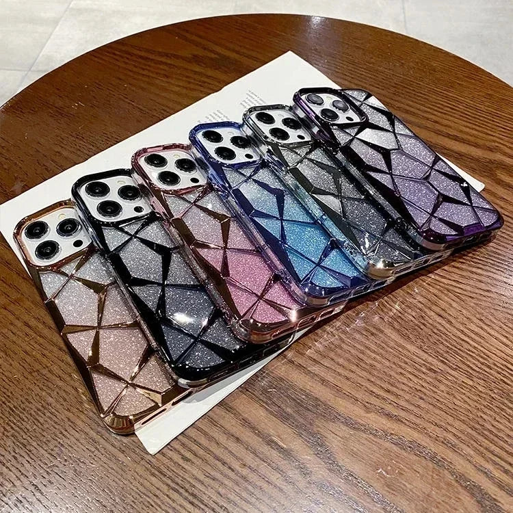 Luxury Girl's Phone Case for iPhone 15 14 13 12 11 Pro Max Plus Glitter Bling 3D Cube Diamond Marble Soft TPU Shockproof Cover - Caseverse