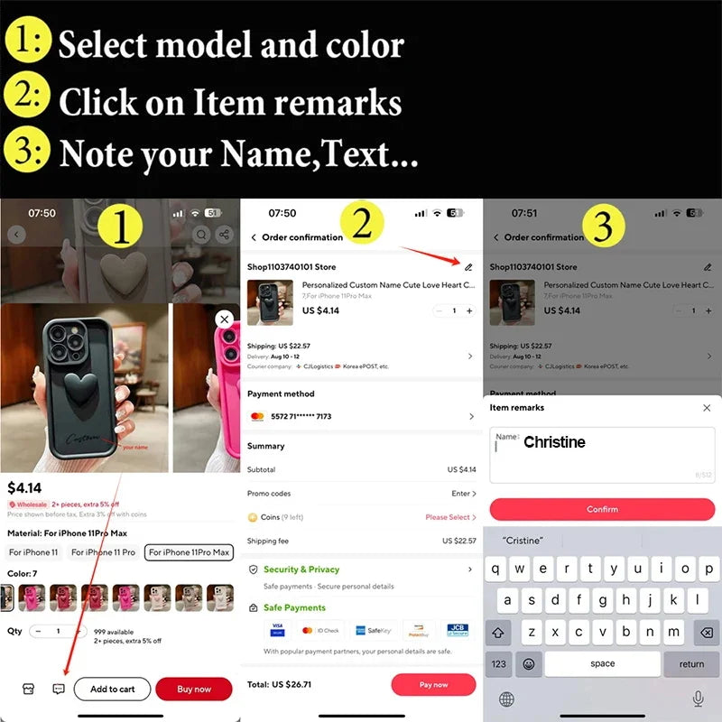 3D Gold Love Heart Personalized Custom Name Case For iPhone 16 15 14 13 12 11 Pro Max X XS XR 7 8 Plus Silicone Candy DIY Cover Caseverse