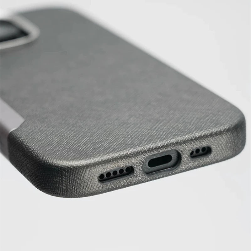 Alloy Lens Silk Texture PU Leather MagSafe Phone Case For iPhone 16 16pro max 15 Pro 14 13 Wireless Charging Hard Armor Cover - Caseverse