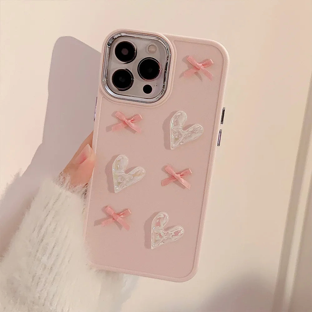 Ins Cute 3D Pearl Love Heart Phone Case For iPhone 16 15 14 13 12 11 Pro Max X XS XR 8 7 Plus SE 2022 Soft Silicone Bumper Cover - Caseverse