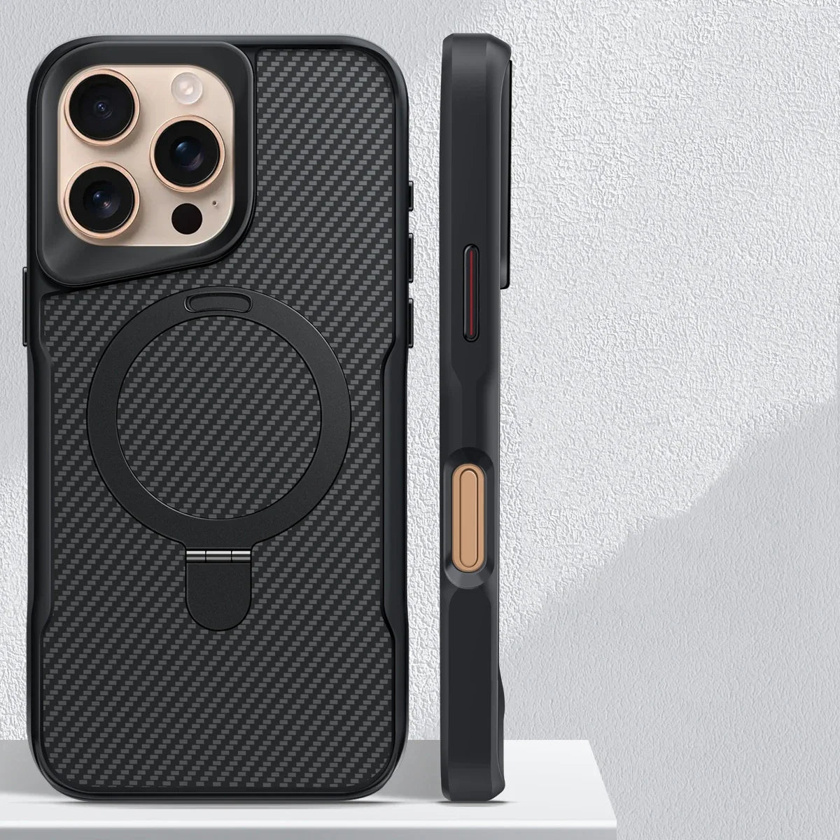Desert Titanium metal holder carbon fibre magnetic phone case for iPhone 16 15 14 13 12 Pro Max magsafe charging armor hard case - Caseverse