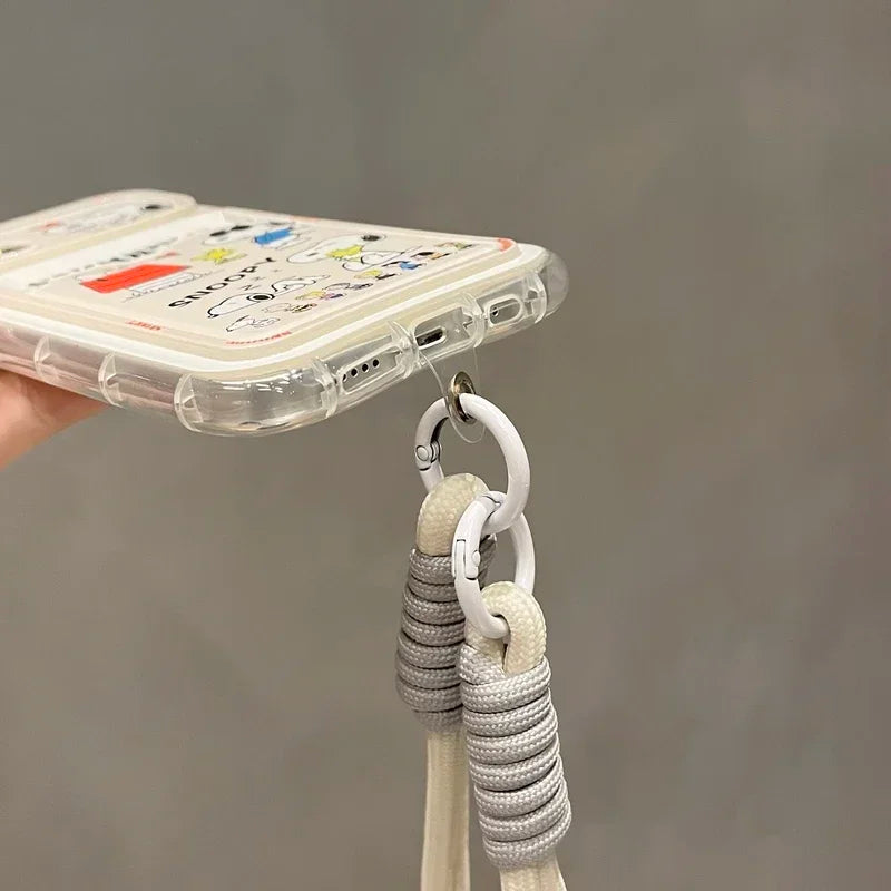 Cute Cartoon Peanut Snoopy Card Holder Pocket Phone Case For iPhone 16 15 14 13 12 11 Pro Max Cases Soft TPU Cover With Lanyard Caseverse