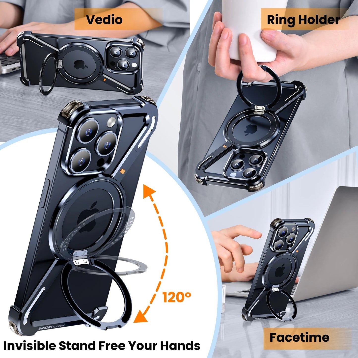 Oatsbasf Z Shape Metal Phone Case for iPhone15 /16 Pro Max Phone Protective Cover Shockproof Bumper w/360° Rotation Holder Caseverse