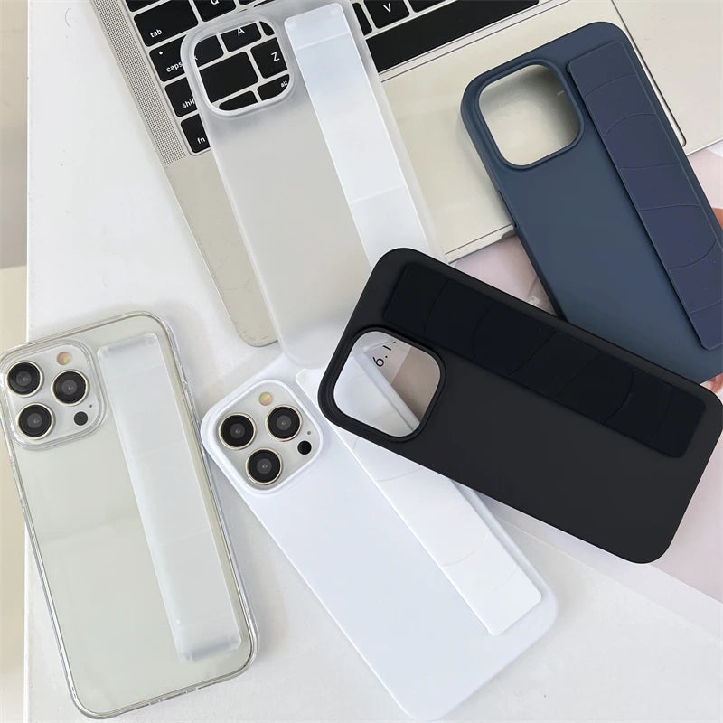 Luxury Solid Stretch Silicone Wrist Strap Case For iphone 11 12 13 14 15 Pro Max Plus UltraThin Matte Shockproof Hard Back Cover - Caseverse