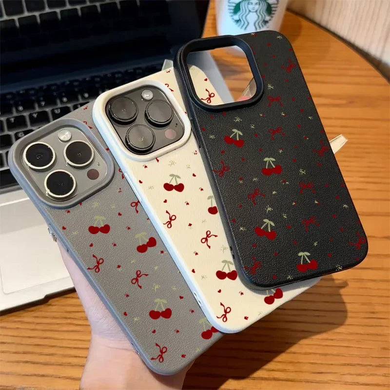 For iPhone 16 15 14 13 12 11 Pro Max Case Cherry Bow Lichee Pattern Silicone Phone Cover For iPhone XS Max 14 15 16 Plus Fundas - Caseverse