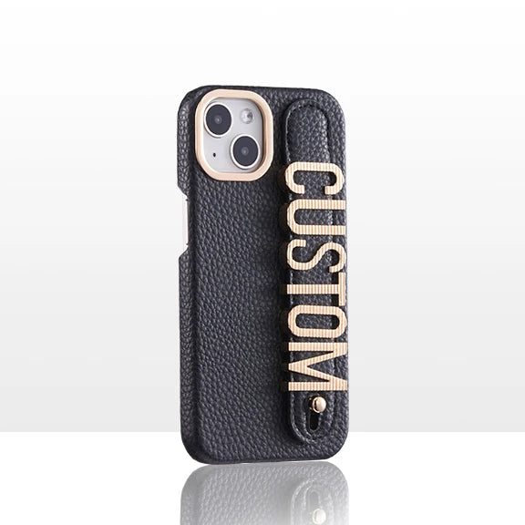 Leather Phone Case Custom Name Wristband Metal Gold Letters Personalized Cover for iPhone16 15 14 13 12 11ProMax 15 16plus Caseverse