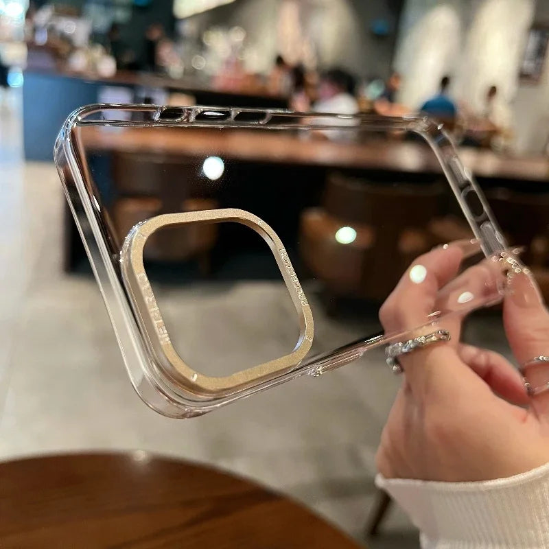 Luxury Metal camera frame protection phone case for iphone 16 15 14 13 12 pro max plus Transparent pc Shockproof Bumper cover - Caseverse