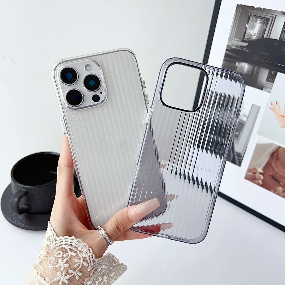 Metal Button Key Vertical Stripe Corrugated Clear Phone Case for IPhone 13 14 15 16 Pro Max Shockproof PC Protective Back Cover Caseverse