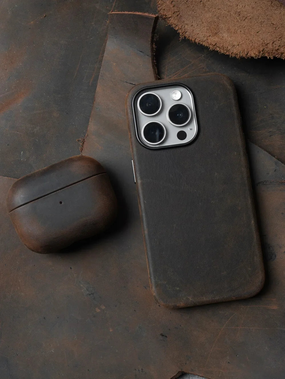 YMW Italian Crazy Horse Genuine Leather Case for iPhone 16 Pro Max 15 14 Personality Cowhide Magnetic Phone Cover - Caseverse