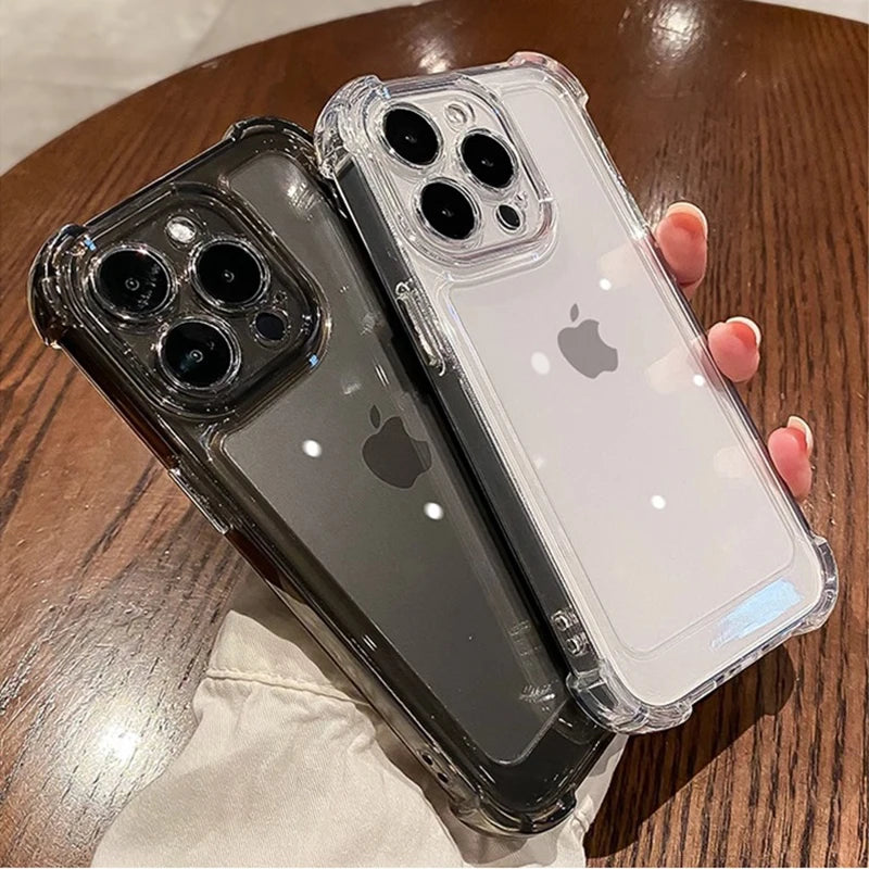 Two transparent silicone phone cases, one clear and one smoky, are held together.