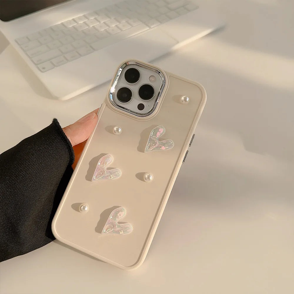 Ins Cute 3D Pearl Love Heart Phone Case For iPhone 16 15 14 13 12 11 Pro Max X XS XR 8 7 Plus SE 2022 Soft Silicone Bumper Cover - Caseverse