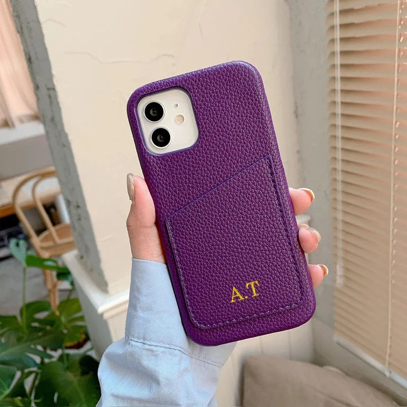 Personalized Phone Case with Card Holder Custom Initials Protective Cover iPhone16Promax 11 12 13 14 15Pro Max XS XR Mini Caseverse
