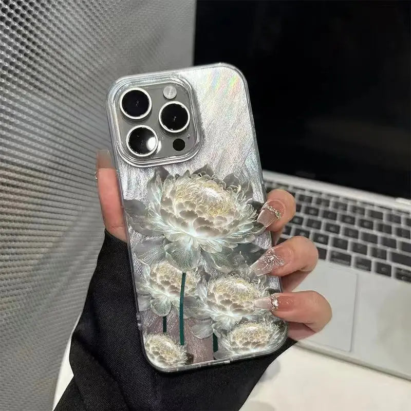 Five Golden Lotus Pattern Phone Case for IPhone 11 13 14 15 16 Pro Max 7 8 14 15 Plus X XS Max XR 16e Feather Texture Hard Cover - Caseverse