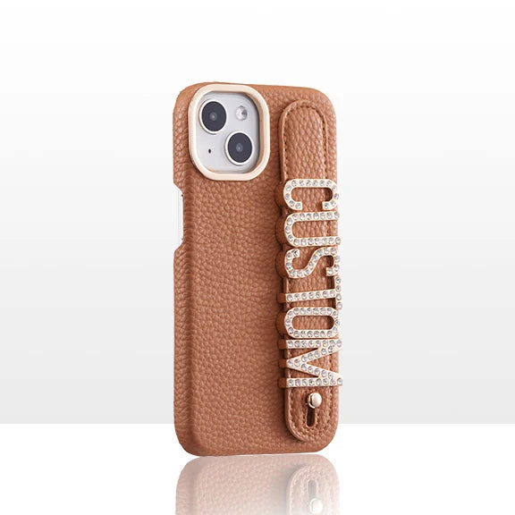 Leather Phone Case Custom Name Wristband Metal Gold Letters Personalized Cover for iPhone16 15 14 13 12 11ProMax 15 16plus Caseverse