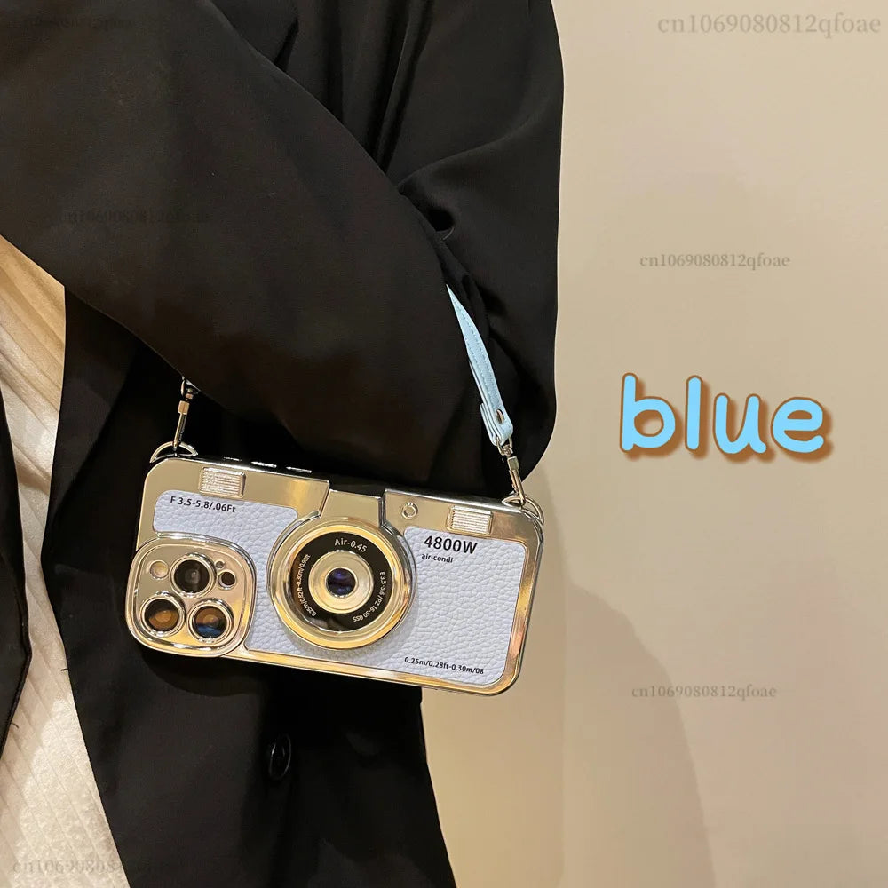 Creative Luxury 3D Retro Camera Phone Case for Iphone 15 14 13 12 11 Pro Max 14plus Cute Soft Tpu Phone Case Lanyard Back Cover - Caseverse