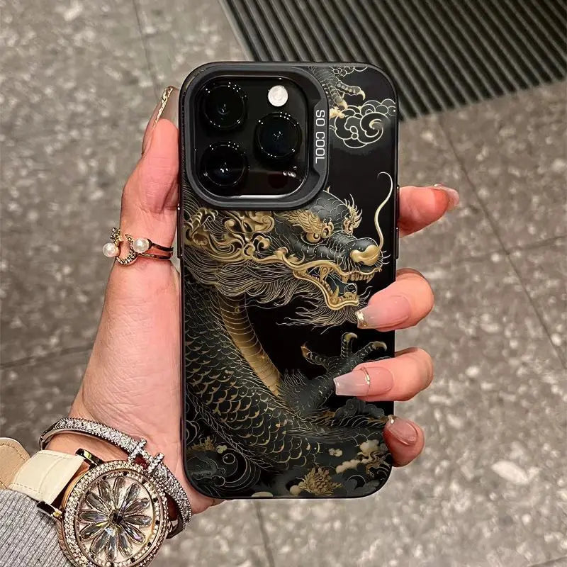 Golden Dragon Personality Pattern Shockproof Matte Phone Case For iPhone 16 15 14 13 12 11 Pro Max XR XS MAX 7 8 PLUS MINI Cover - Caseverse