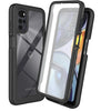 A black and clear shockproof phone case with a built-in screen protector.