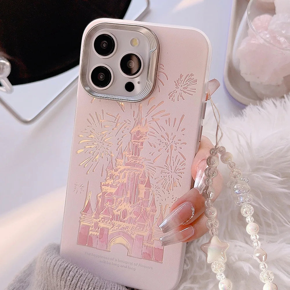 Pink Glitter Castle Phone Case with Lanyard for iPhone 15 14 13 12 Pro Max Plus Princess Fairytale Phone Case Cover Caseverse