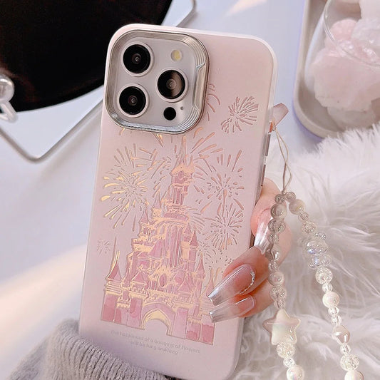Pink Glitter Castle Phone Case with Lanyard for iPhone 15 14 13 12 Pro Max Plus Princess Fairytale Phone Case Cover Caseverse