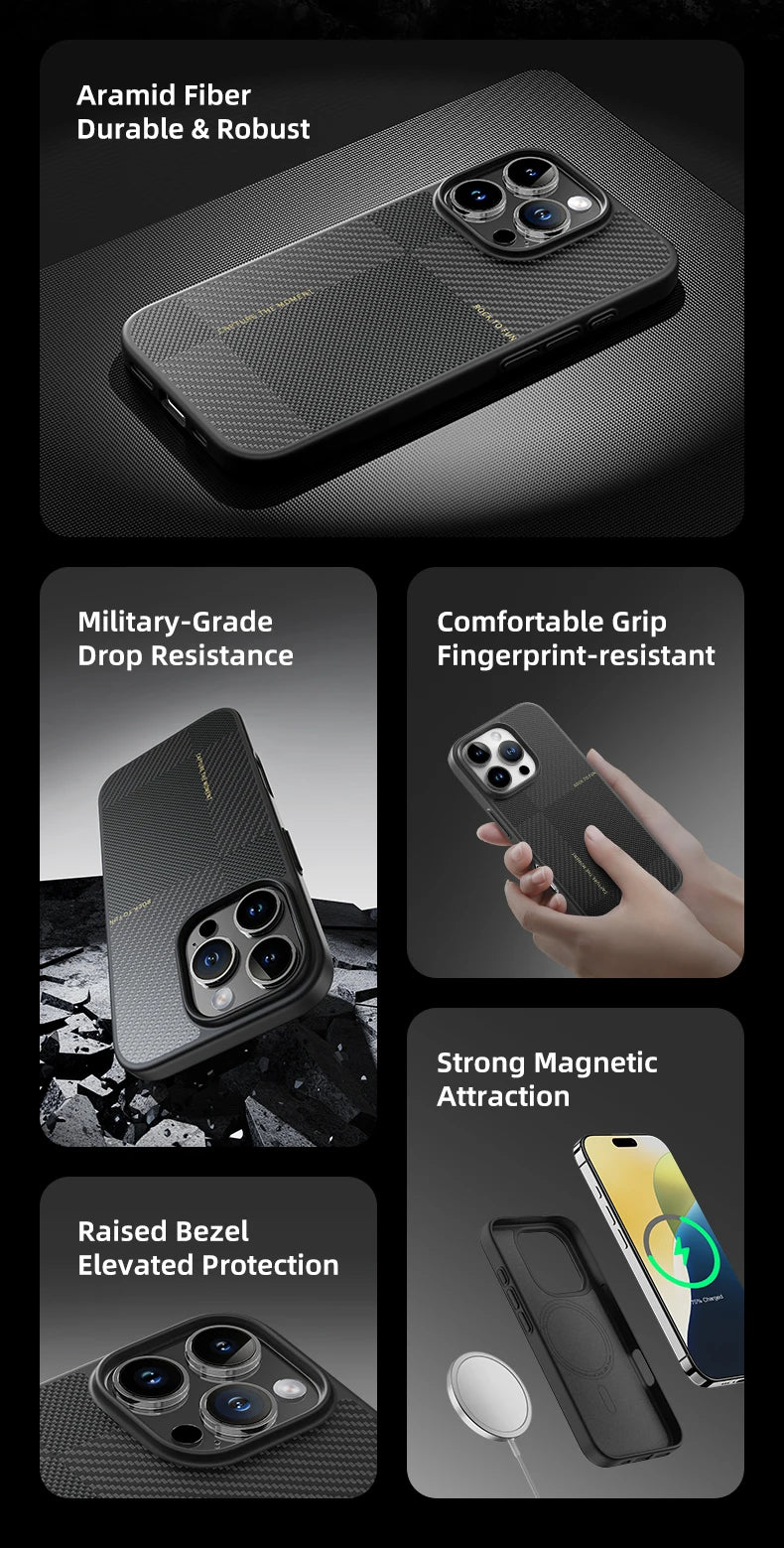 ROCK Aramid Fiber Magnetic Case for iPhone 16 Pro Max Military Grade Shockproof Cover for iPhone 16 Pro Compatible with MagSafe - Caseverse
