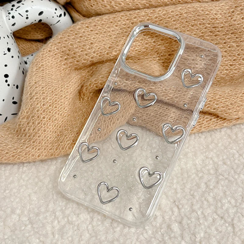 Cute Metal Love Heart Epoxy Glitter Phone Case For iPhone 16 15 14 13 12 11 Pro Max Plus Bling Clear Shockproof Soft Cover Caseverse