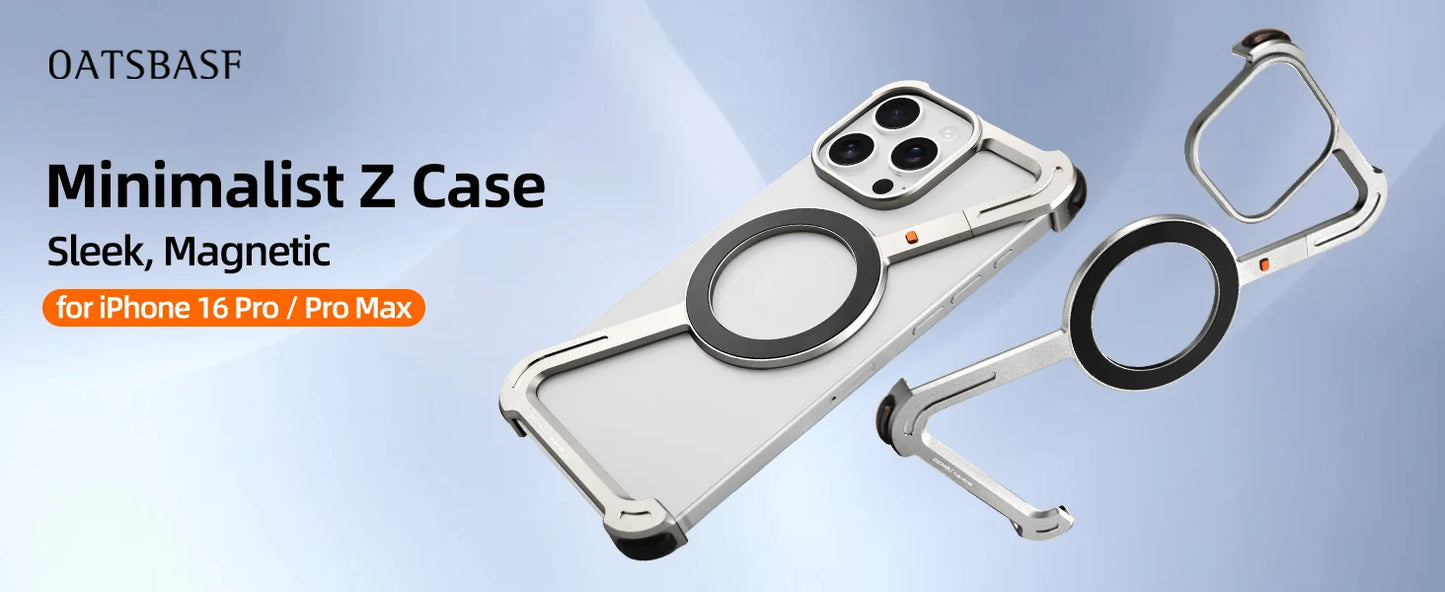 Eary Aluminum Alloy Z-Shape Phone Case for iPhone 16 Pro Max Metal Frameless Magnetic Bumper Minimalist Slim Protective Cover