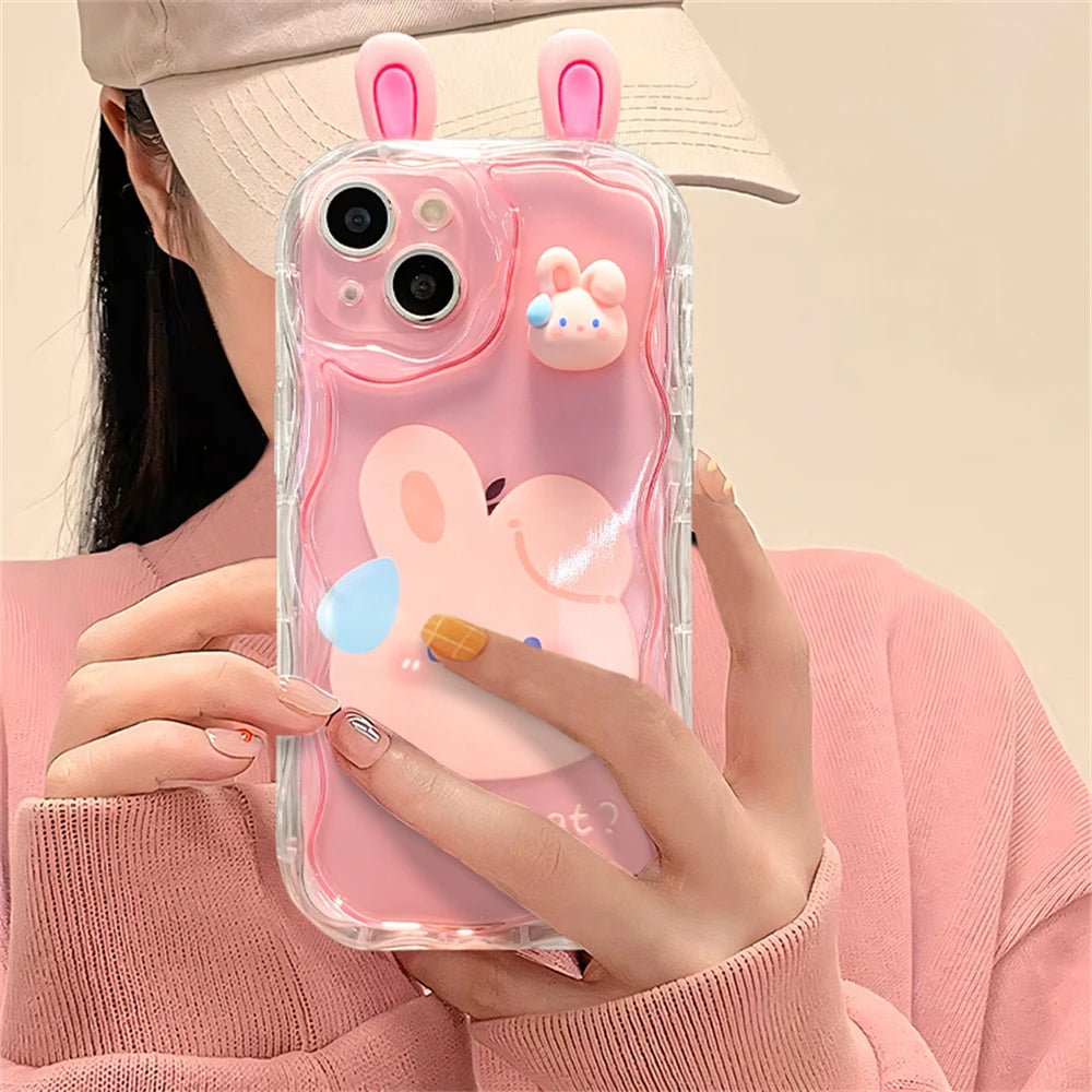 Korean Cute 3D Bear Frog Rabbit Ear Soft Silicone Phone Case For iPhone 14 15 Pro Max 13 12 Pro 11 Cartoon Clear Cover - Caseverse