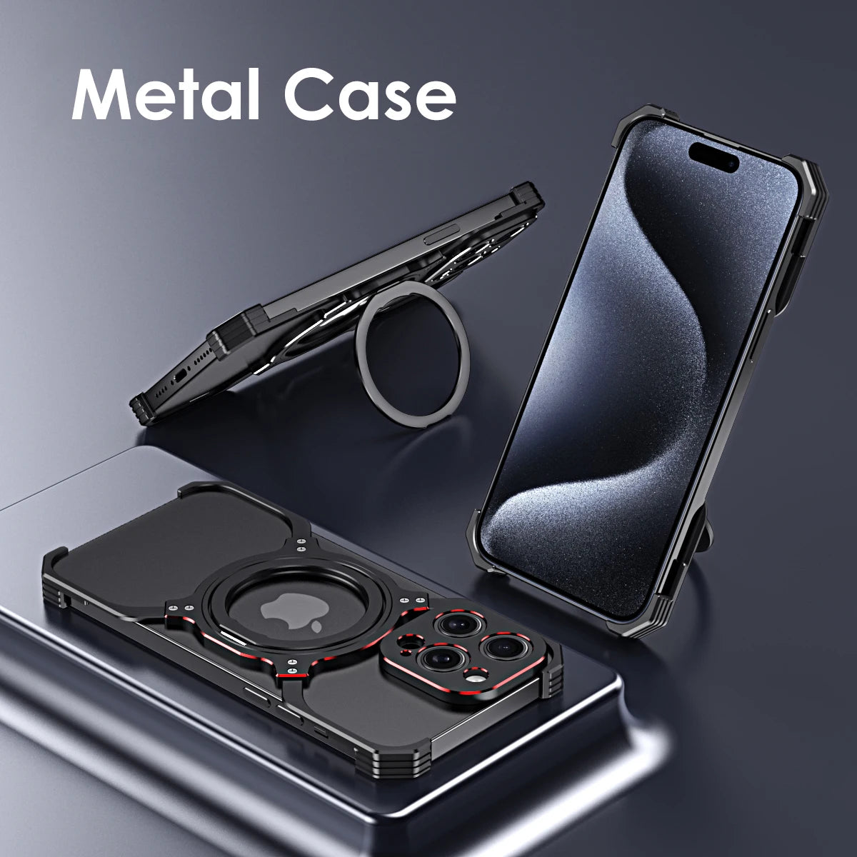 Metal Rimless Magnetic MagSafe Phone Case For iPhone 13 14 15 Pro Max 360Rotating Stand Shell Metal Bumper Lens Protection Cover