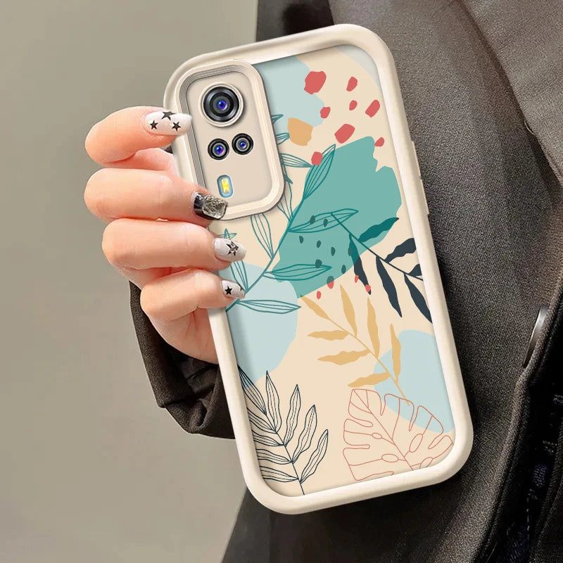 Luxury Fresh Green Leaf Painted Phone Case For Vivo Y33 Y51 Y51a Y31 2021 Y53s Silicone Anti Drop Soft Cover Funda - Caseverse